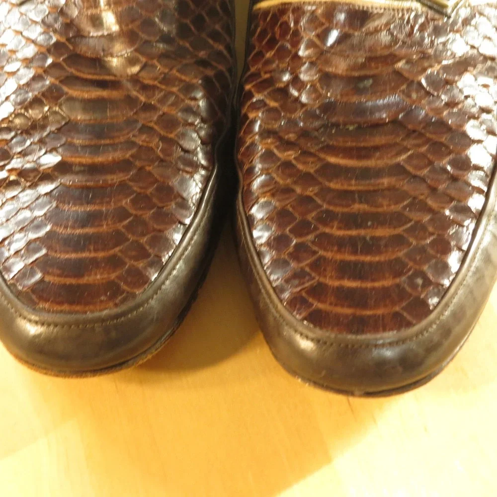 Vintage Moreschi Loafers Mens 9 Dark Brown Leather Snakeskin Made in Italy